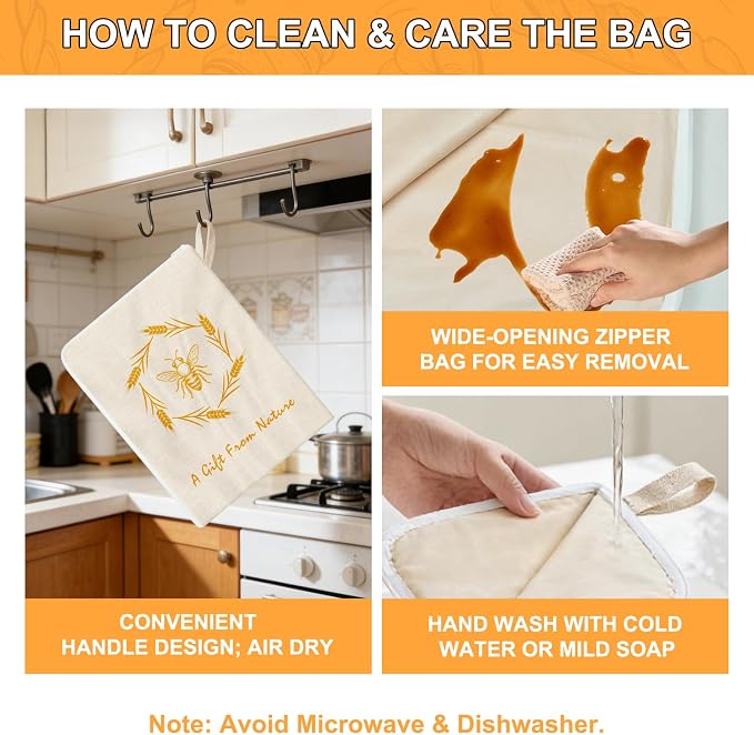 2 PCS Beeswax Bread Bag with Wide Zipper, Breathable Bags Bread | Breathable Bees Wax Bread Bag with Wide Zipper, Freezer Safe Beeswax Bags for Bread, Homemade Bread Storage