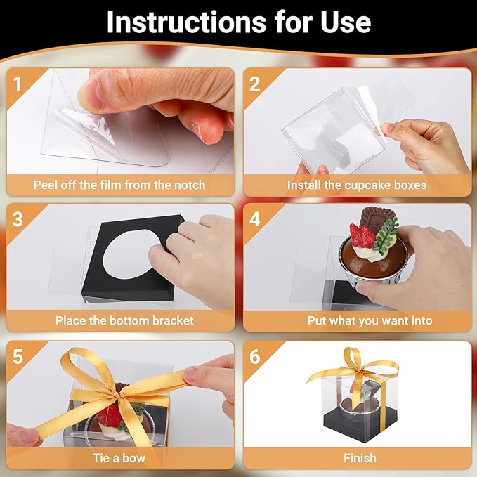 EUSOAR Black Cupcake Boxes, 50 Pcs 3.5 Inch Clear Plastic Cupcake Containers Box Individual with Inserts and Ribbon, Single Pastry Wrappers Transparent Muffin Holder for Wedding Favor Bakery Decor