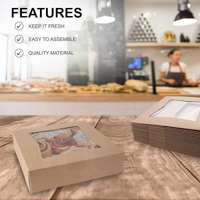 MT Products Kraft Cookie Box 8" x 8" x 2.5" - Auto Pop-Up Bakery Boxes with Window (Pack of 15) - Made in USA