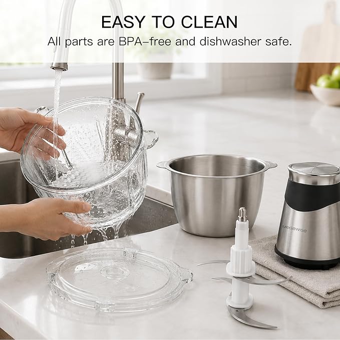MEGAWISE Electric Food Chopper 800W, Dual-Speed Meat Grinder with1.2L 304# Stainless Steel Bowl & 2.2L Glass Bowl, BPA-Free Food Processor for Meat, Vegetables, and Nuts
