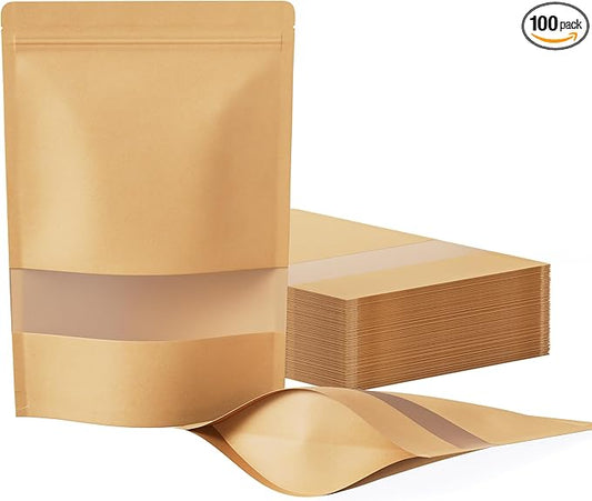FireKylin 100 Pcs Resealable Bags, Paper Stand Up Pouches Bags with Matte Window for Small Businness, Zipper & Heat Sealable Treat Bags for Packaging (Inner Size 6.4" x 7.3"; Outer Size 7.1" x 10.2")