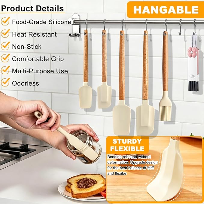 Silicone Spatula Set - 7 Piece Food Grade Rubber Spatula, Heat Resistant Up to 600°F, Wooden Handle Kitchen Utensils Set for Cooking, Baking & Mixing, Jar, Non-Stick Silicone Utensil White