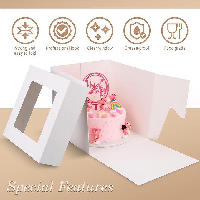 Cakebon Cake Boxes with Drums - 10 Inch Round White Cake Boards/Base para Pasteles (6-Pack) - Caja para Pasteles with Window for Birthdays, Weddings and Parties