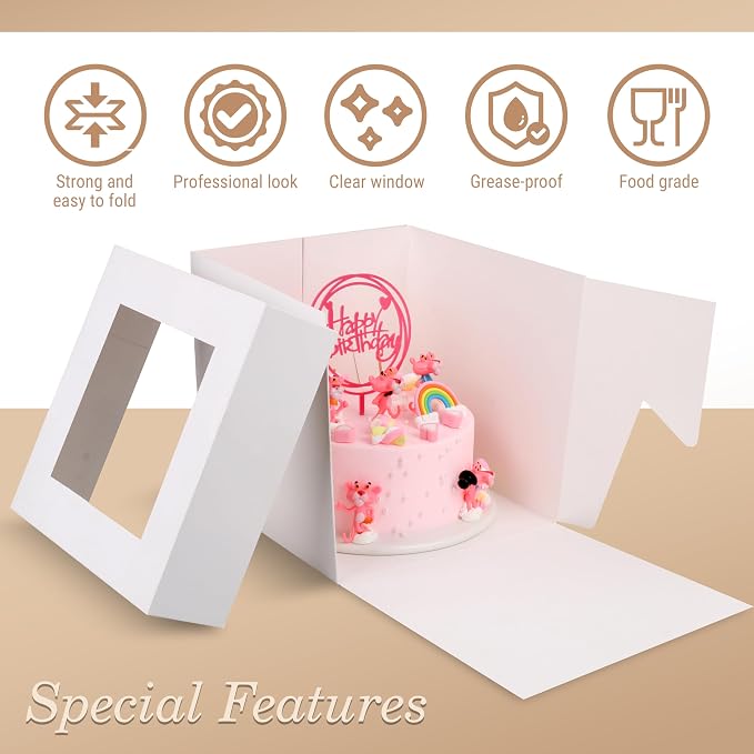 Cakebon Cake Boxes with Drums - 12 Inch Round White Cake Boards/Base para Pasteles (3-Pack) - Caja para Pasteles with Window for Birthdays, Weddings and Parties