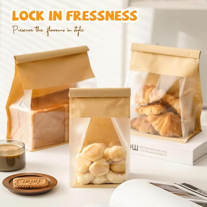 50 Pack Bread Bags with Tabs for Homemade Sourdough Bread, 8.7x4.3x11 Inches Tin Tie Tab Lock Large Paper Bakery Packaging Bags with Window for Gifting & Bake Sale | Thick Material