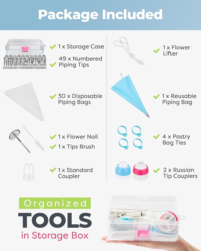 Kootek 90Pcs Russian Piping Tips Set, Piping Bags and Tips Set with 25 Russian Tips, 23 Icing Tips, 1 Ball Tip, 30+1 Pastry Bags, 3 Couplers, 4 Bag Ties for Cake Decorating, Cupcake, Cookie, Baking
