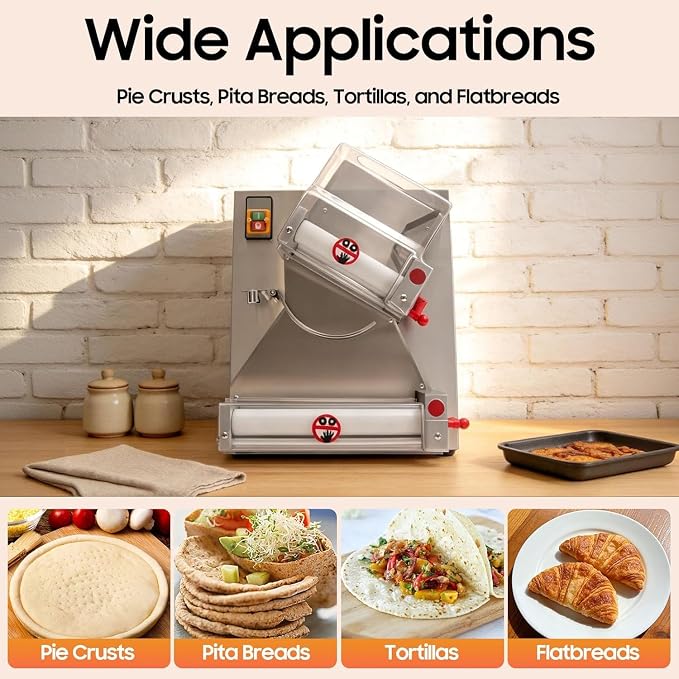 4-12" Pizza Dough Roller Sheeter, 110V 370W Automatic Stainless Steel Pizza Press Dual Rollers Press Machine Adjustable Thickness Pastry Sheeter w/Cover for Pie Crusts Pita Breads Tortillas