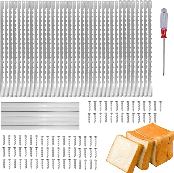 36 Pcs Bread Bow Knife Blades, 10.8" Serrated Stainless Steel blades with Screws, Screwdriver, and Safety Guard, Replacement for Wood Bread Cutter, Bow Bread Knife Replacement Blades