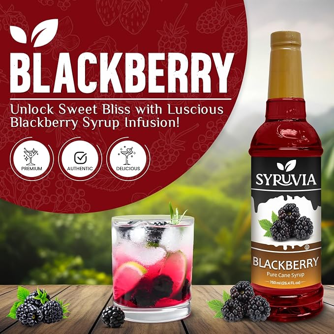 Syruvia Blackberry Syrup, Flavored Syrup for Drinks, Lemonades, Iced Teas, and Desserts – 25.4 fl oz - with Pump