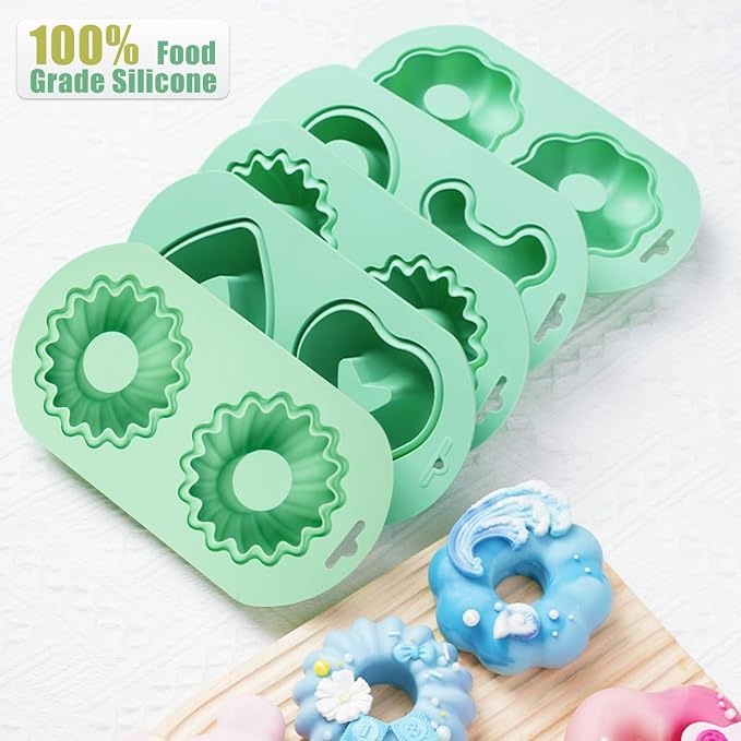 QELEG 2 Pack Silicone Donut Pan, 2-Cavity Fluted Tube Cake Pan Non-stick Silicone Baking Mold for Donuts, Cornbread, Brownies, Bagel, Jellies Green 2Pcs/2-Cavity, sunflower