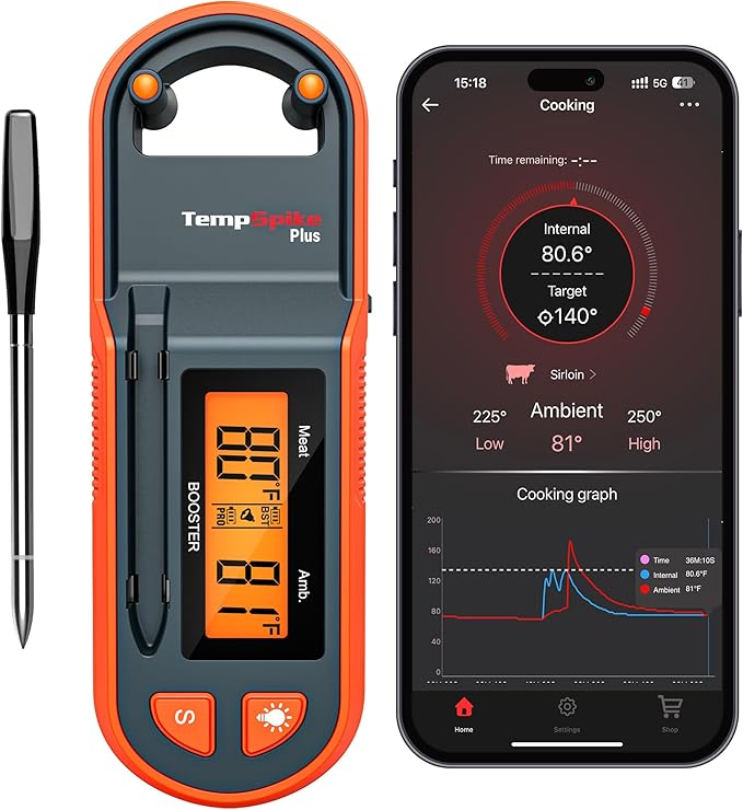 Thermopro TempSpike 600 ft Wireless Meat Thermometer Digital with Ultra-Thinner Probe, Bluetooth Meat Thermometer Wireless with LCD-Enhanced Booster for BBQ Grill Smoker Gift for Dad
