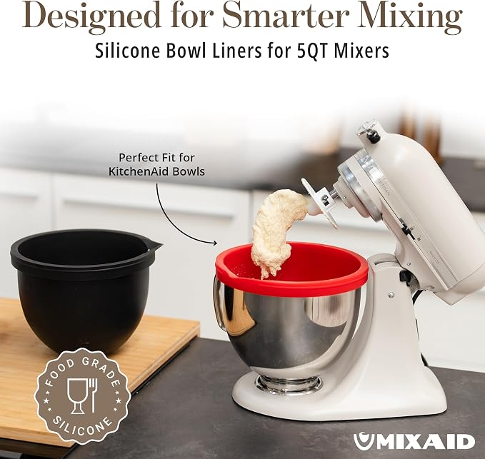 The Original MIXAID Silicone Bowl Insert Liners for KitchenAid Bowl-Lift 7 Qt Stand Mixers - Replacement Mixer Accessories - Leak-Proof Design, Non-slip Base & Easy Clean - Set of 3 Liners & Lids