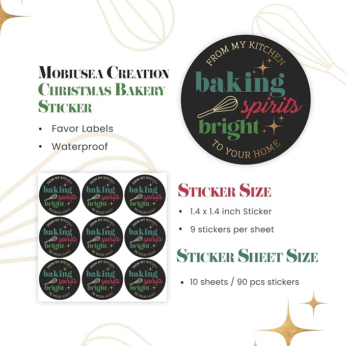 Mobiusea Creation Christmas Bakery Stickers | Christmas Decoration | 1.4 inch | Gold Foil | Inspirational Positive Word | Waterproof | 90-Pack for Cookies, Bakery Box
