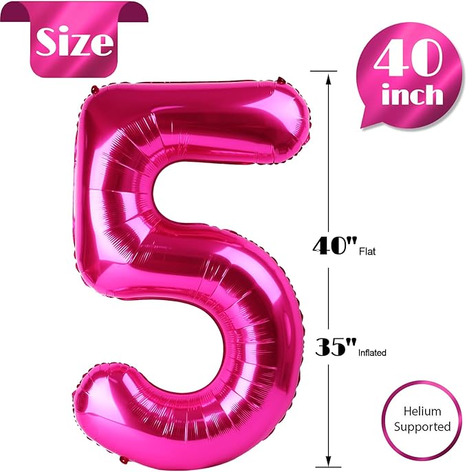 Hot Pink Number 5 Balloon 40 Inch, 5th Birthday Party Decorations for Children, Giant 5 Foil Balloon for Party Supplies
