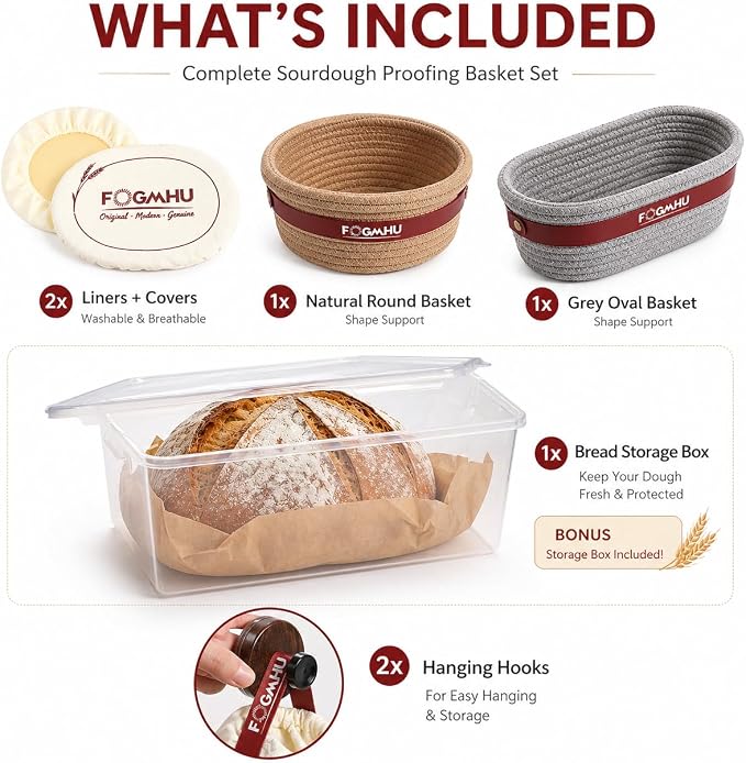 2-Pack Banneton Bread Proofing Baskets – Sourdough Starter Kit for Home Bakers, Cotton Rope Bannetons with Liners, Hanging Hooks, Dough Guide (9" Round & 10" Oval)