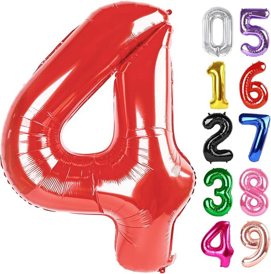 Red Number 4 Balloon 40 Inch, 4th Birthday Party Decorations for Children, Giant 4 Foil Balloon for Party Supplies