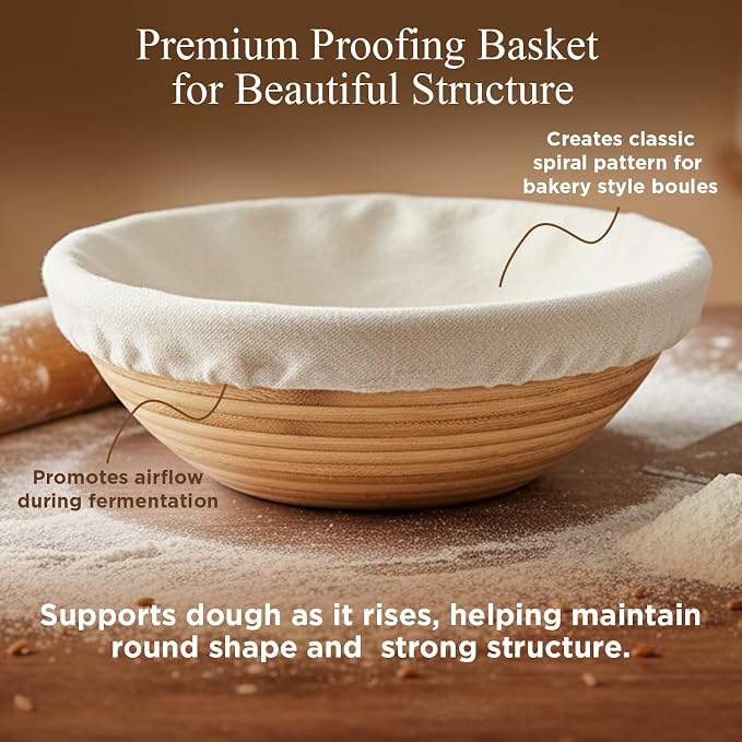Sourdough Bread Kit – 9-Inch Banneton Proofing Basket with Liner, Whisk, Lame, Scrapers and Recipe Guide | Complete Bread Making Supplies and Sourdough Tools – Great Gift Idea for Bakers