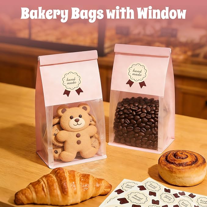 100 Cookie Bags with Seal, Resealable Bakery Bags with Window, Pink Paper Treat Bags for Packaging Pastry, Muffin, Cookie, Baked Goods, Included 120 Handmade Stickers
