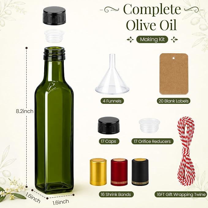 TBWIND 15 Pack 8.5oz (250ml) Glass Olive Oil Bottles with Airtight Caps | Includes Shrink Bands, Labels & Funnels; Ideal for Vanilla Extract, Infused Oils, Tinctures, Kombucha & Gift Giving