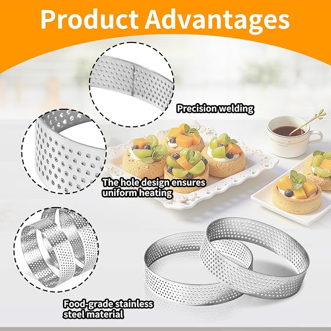 RICHSC-PAN Stainless Steel Perforated Tart Ring Set, 16 Packs Food-Grade, 3.15 Inches and 2.36 Inches, Suitable for All Kinds of Small Fruit Tart Crusts.