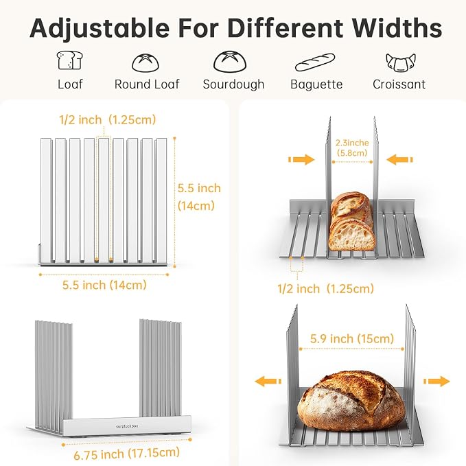 Bread Slicer, 304 Stainless Steel Adjustable Slice Guide, Collapsible Space-Saving, Durable and Stable for Homemade Bread, Bagels and Cakes (Silver)