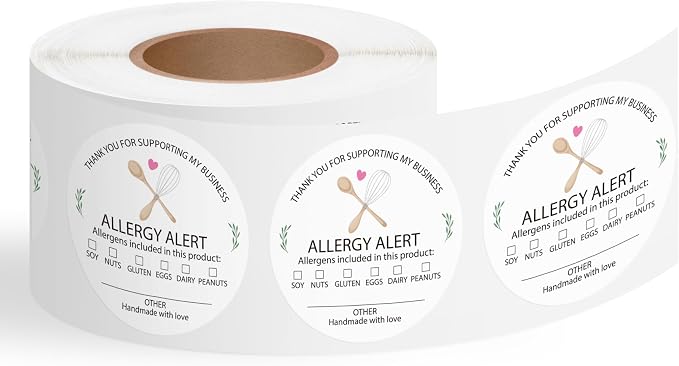 PANTIDE Food Allergy Alert Stickers - 500 Count Allergen Warning Label Writable Ingredient Adhesive Round Decal Roll, Food Alert Safety for Restaurant Home Kitchen Bakery Cake Shop (2 x 2 Inch, White)
