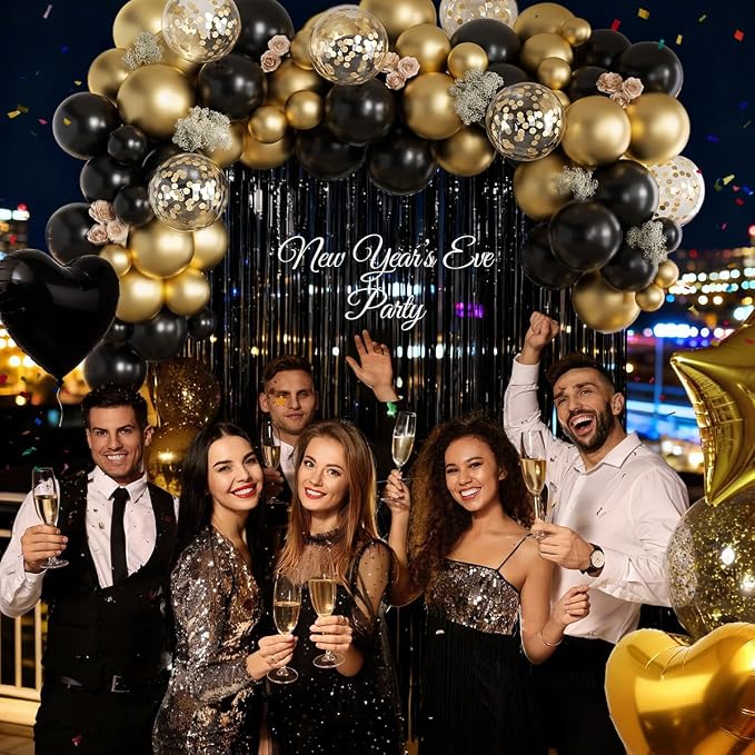 157Pcs Black and Gold Balloons Garland Arch Kit with Fringe Curtain for Graduation Birthday New Year’s Eve Black Tie Gala Anniversary Wedding Party Decorations
