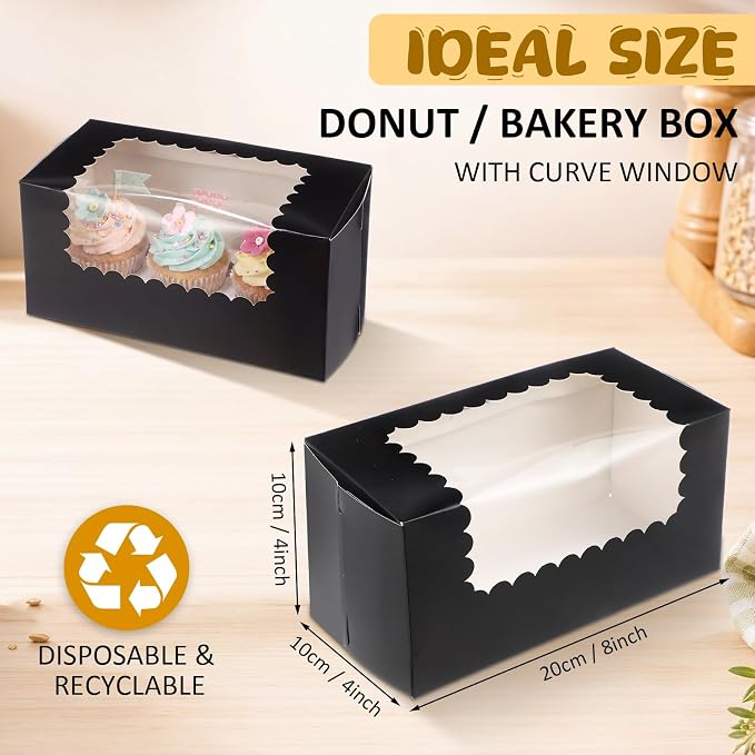 Ireer 60 pcs 8x4x4 Inch Bakery Boxes with Window Cookies Boxes Pumpkin Roll Container Donut Box Pastry Cake Packaging Safe for Cookies Loaf Muffins Breads Dessert Candies Treat (Black)