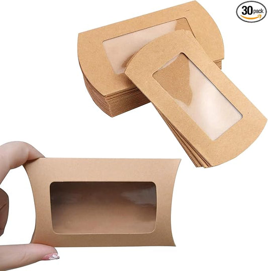 30pcs Kraft Paper Mini Pillow Packaging Box with Clear Window, Box Treat Gift Packaging Box for Bakery Candy Chocolate Jewelry Display Wedding Party Favor ( medium-sized, 6.3 x 2.83 x 0.98 inches)