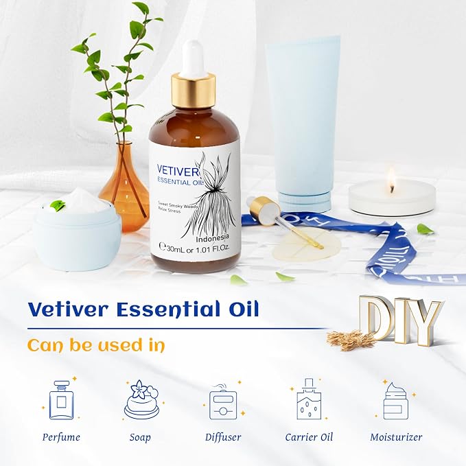 HIQILI 1 Fl Oz Vetiver Essential Oil, for Skin, Candle Making - 30ml