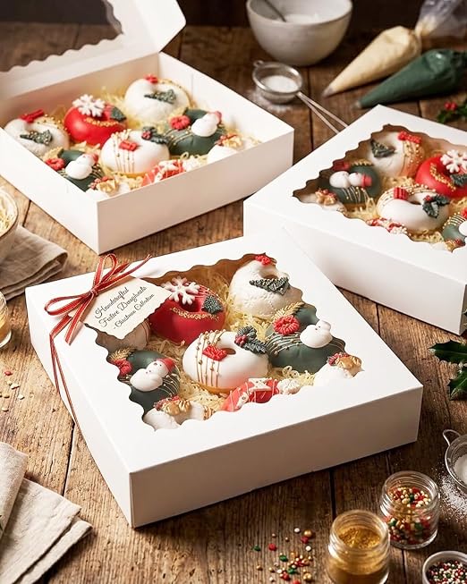 qiqee 10"x 10"x 2.5" White Pie Boxes with Window 50Packs Cookie Donut Bakery Box (Auto-pop Up)