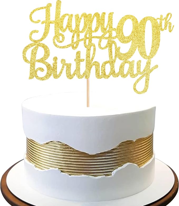 1 PCS Happy 90th Birthday Cake Topper Gold Glitter Cheers to 90 Years Birthday Cake Pick 90 Fabulous Cake Decoration for Happy 90th Birthday Theme Party Decorations Supplies