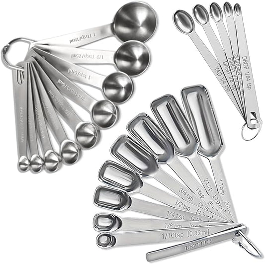 23 Pcs Stainless Steel Measuring Spoons Set with Leveler, Metal Round & Rectangular Spoons plus 5 Mini Teaspoons for Precise Cooking and Baking, Standard Sizes with Clear Engraved Markings