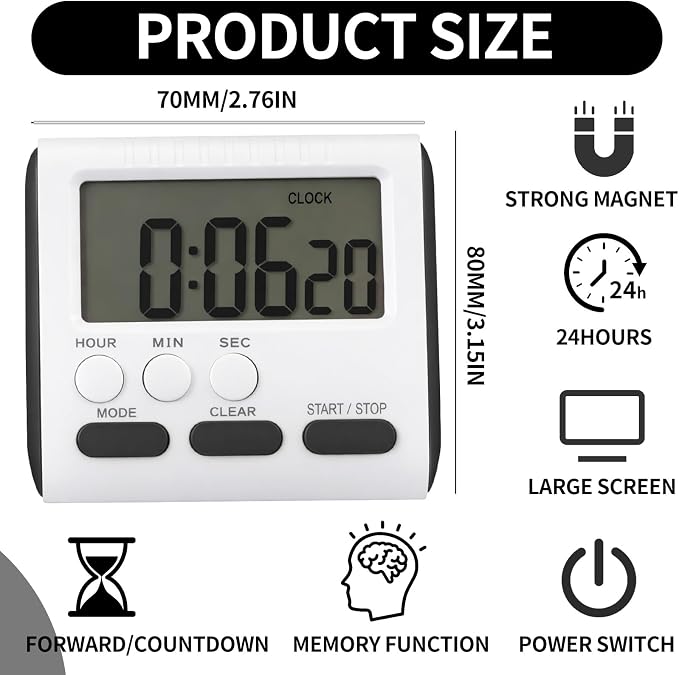Mudder 12 Pack Digital Kitchen Timer for Cooking, Large Digits, 24 Hour Magnetic Backing Stand Kitchen Timers Clock for Classroom Kids Teachers, Loud Alarm and Large Screen (Black)