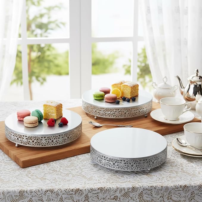 Wenqik 3 Pcs 16'' 14'' 12'' Metal Silver Cake Stand Round Cake Stands for Dessert Table Cookies Fruit Serving Tray Cupcake Dessert Pastry Riser for Wedding Birthday Party and Events(Classic Style)