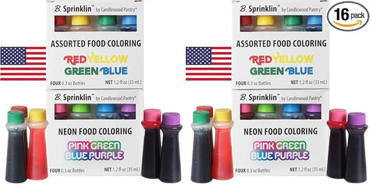 Candlewood Pantry B. Sprinklin Assorted Liquid Food Coloring Kit, 8 Bottles, 0.3 fL Oz/Neon and Regular (4) Colors - Vibrant Food Dye for Slime Crafts, Eggs, Frosting and Cake Decorating (Pack of 2)