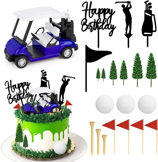 Hooqict 21 Pieces Golf Cake Decorations with Mini Cart, Ball, Green Tree, Clubs, Red Flag Cake Toppers for Men Sports Golf Themed Birthday Party Decorations Supplies