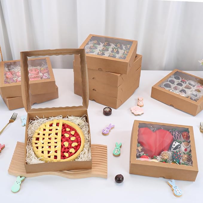 TEMLQPACK 25pcs 9x9x2.5 Inches Brown Bakery Boxes with Window for Cookies, Macaron, Chocolate Covered Strawberries, Mini Cake, Truffle, Brownie, Donut, Small Treat