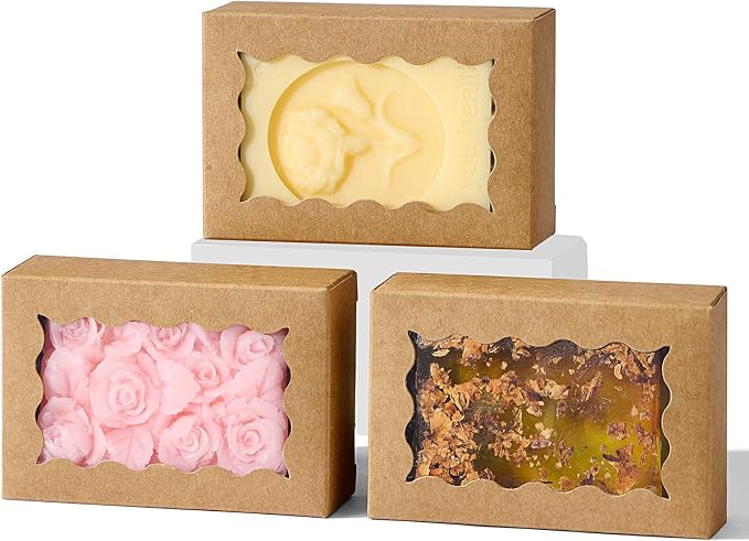 JCXGRVC 40PCS 3.5"x2.36"x1.2" Kraft Brown Soap Boxes with window, Homemade Soap Packaging Gift Boxes, Small Bakery Boxes for Macarons, Cookies & Candies, Wedding & Birthday Party Favors