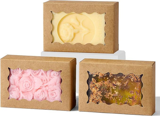 JCXGRVC 40PCS 3.5"x2.36"x1.2" Kraft Brown Soap Boxes with window, Homemade Soap Packaging Gift Boxes, Small Bakery Boxes for Macarons, Cookies & Candies, Wedding & Birthday Party Favors
