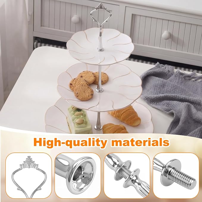 Patelai 6 Sets 3 Tier Cake Stand Hardware Tiered Tray Plate Hardware Kit Heavy Metal Cake Fruit Food Plate Stand Fitting Stacking Kit for Serving Dessert Cupcake Dish (Simple,Silver)