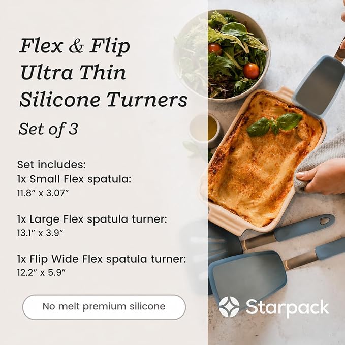 Starpack 'Flex & Flip' Flexible Silicone Turner Spatula Set (3 Pcs) - High Heat Resistant Spatulas for Cooking Egg 600°F - Silicone Pancake Turner Spatula, LFGB Grade Non Stick Rubber Kitchen Utensils