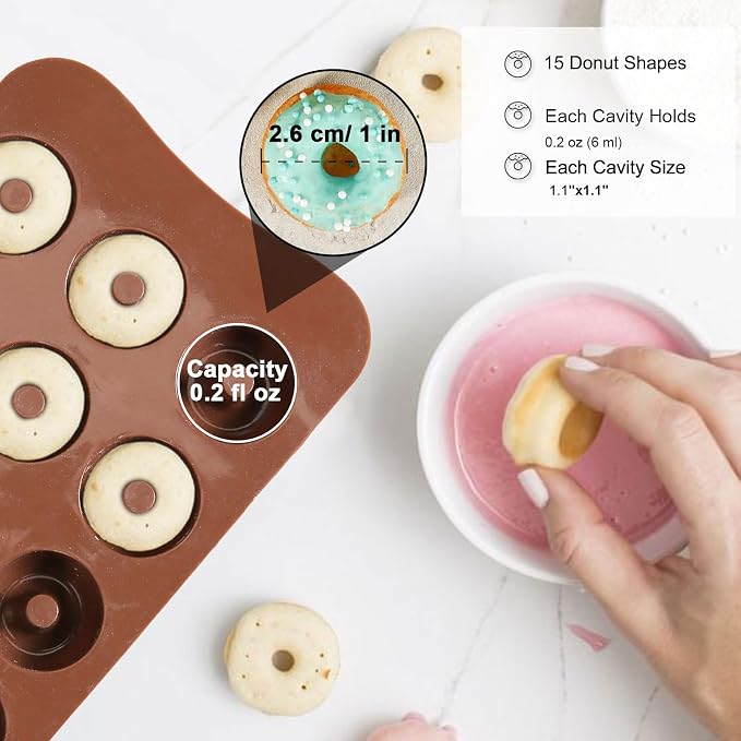 Mini Donut Silicone Molds, 2 Pcs Chocolate Molds with Donut Shapes for Making Chocolate/Candy/Gummy/Jelly, Food Grade Candy Mold with 15 Cavities Mini Doughnuts for Fruit Snacks