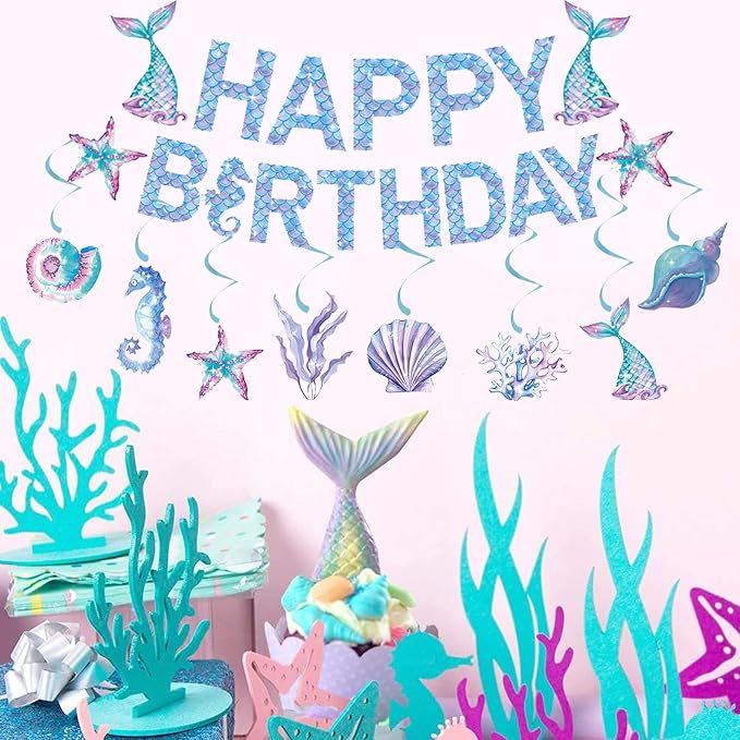 Zwiebeco Mermaid Happy Birthday Party Decoration Banner Bunting Garland Hanging Paper Swirls Kit for Kids Girls Under the Sea Theme Accessories Supplies
