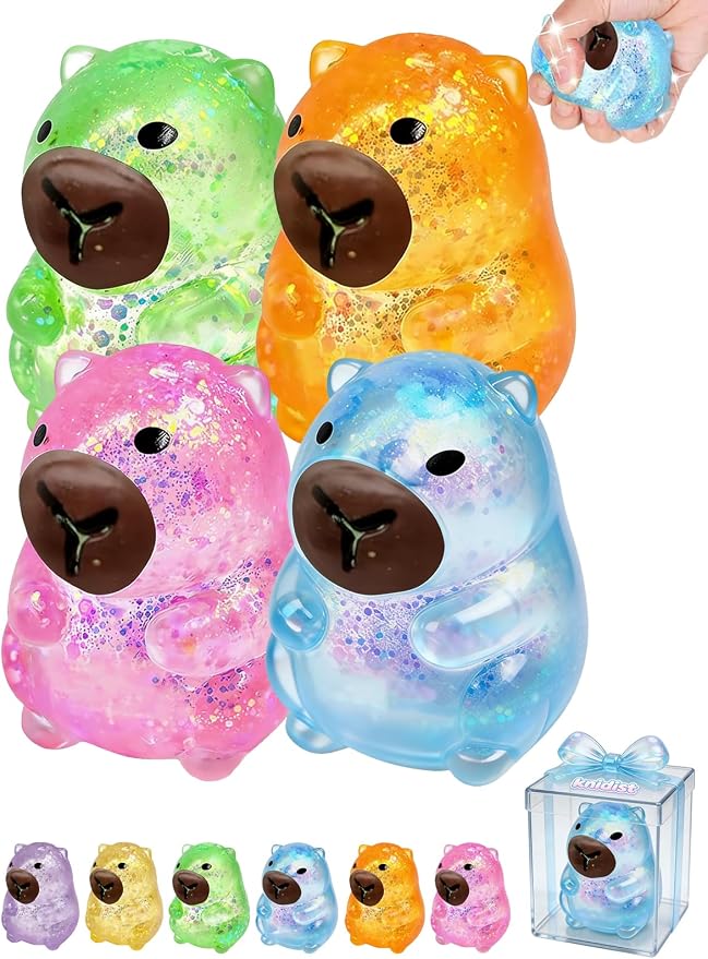 Capybara Squishy Glitter Animal Squeeze Balls Cute Capybara Stress Ball Anxiety Relief Slow Rise Adult Sensory Fidget Tool Gift Sparkling Desk Decor Collectibles Decompression Dough(4pcs Set)