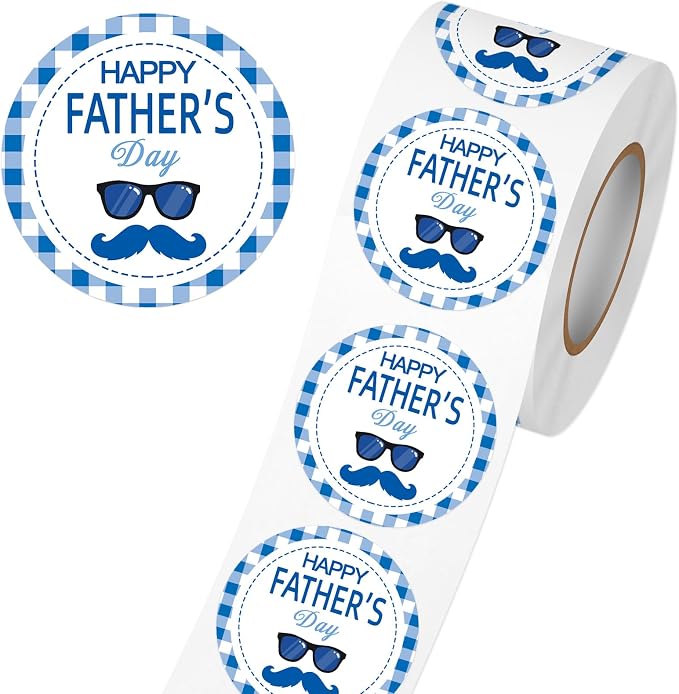 Louise Maelys 500 Pcs Happy Father's Day Stickers 1.5 Inch Round Blue Plaid Stickers with Vintage Mustache Design for Gift Wrapping Envelopes