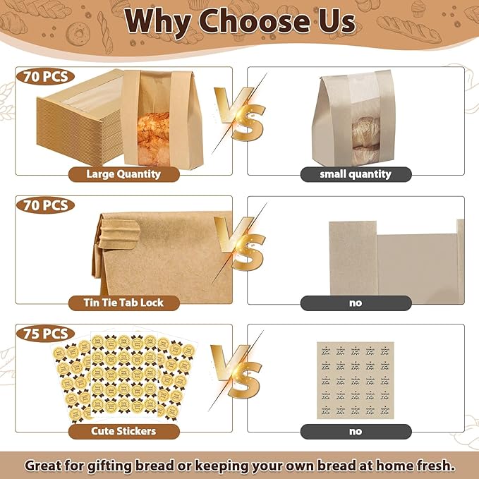 Sublaga Bread Bags with Tin Tie Tab Lock, 70 Pack Large Kraft Paper Sour Dough Bag for Homemade Bread Sourdough Bags 14" x 8.3" x 3.5" for Treat Packaging Storage Gift Giving with 75 Pcs Seal Sticker
