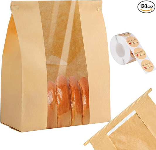 woric 120 Bread Bags for Homemade Bread, Sourdough Bread Bag with Window 14" X 8.3" X 3.5" Large Paper Bakery Bags with Tin Tie Tab Lock Stickers for Food Cookies Packaging Storage