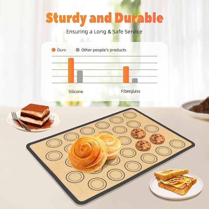 Silicone Baking Mat with 30 Macaron Template Circles, Nonstick Reusable Even Heating Oven Sheet, 16.5x11.6in Rectangle Mat for Home Bakery, Pastry & Milk Tea Shop