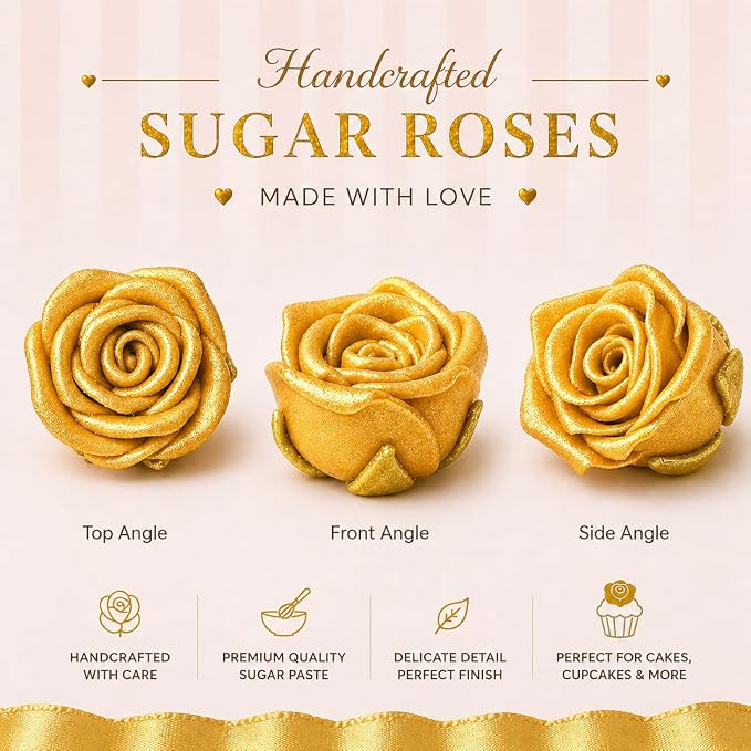 Confect Metallic Edible Rose Topper – Gold Roses for Cake, Cupcake & Doughnut Decoration – Pack of 12 Edible Floral Toppers- Vegan, Gluten-Free, Nut-Free, Soy-Free, Dairy-Free, Palm Oil-Free